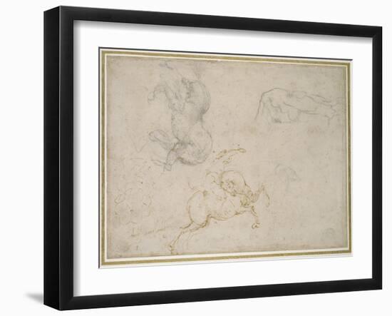 A Horseman Charging and Other Studies (Pen and Brown Ink with and over Black Chalk on Off-White Pap-Michelangelo Buonarroti-Framed Giclee Print