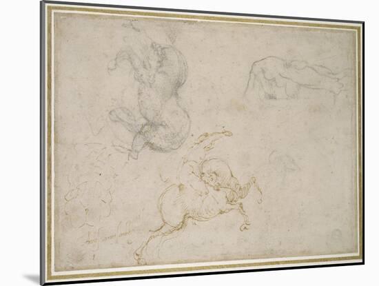 A Horseman Charging and Other Studies (Pen and Brown Ink with and over Black Chalk on Off-White Pap-Michelangelo Buonarroti-Mounted Giclee Print