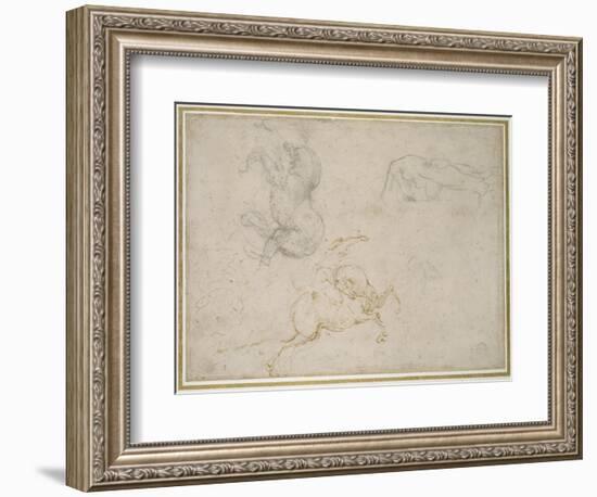 A Horseman Charging and Other Studies (Pen and Brown Ink with and over Black Chalk on Off-White Pap-Michelangelo Buonarroti-Framed Giclee Print