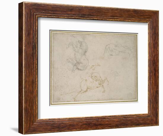 A Horseman Charging and Other Studies (Pen and Brown Ink with and over Black Chalk on Off-White Pap-Michelangelo Buonarroti-Framed Giclee Print