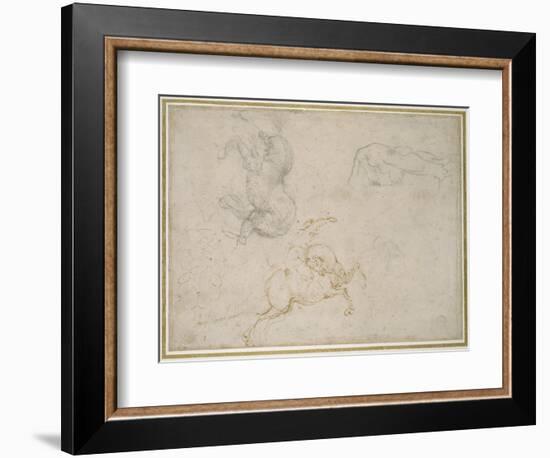 A Horseman Charging and Other Studies (Pen and Brown Ink with and over Black Chalk on Off-White Pap-Michelangelo Buonarroti-Framed Giclee Print