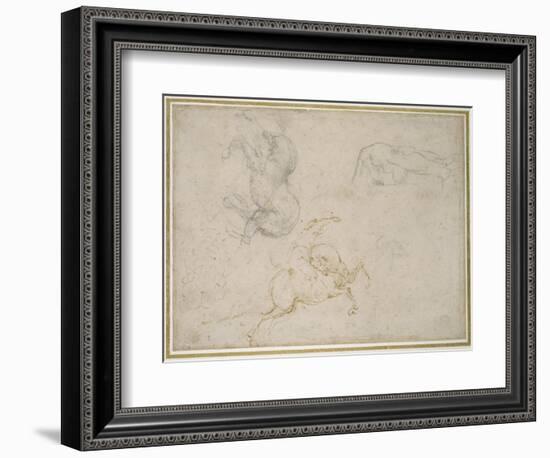 A Horseman Charging and Other Studies (Pen and Brown Ink with and over Black Chalk on Off-White Pap-Michelangelo Buonarroti-Framed Giclee Print