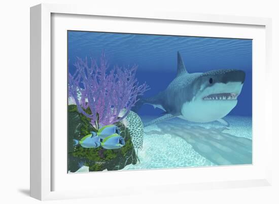 A Huge Megalodon Shark Swimming in Clear Ocean Waters-null-Framed Art Print