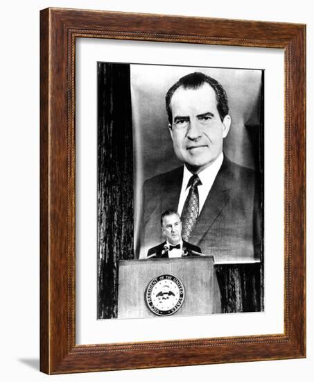 A Huge Portrait of President Nixon Dominates the Scene-null-Framed Photo