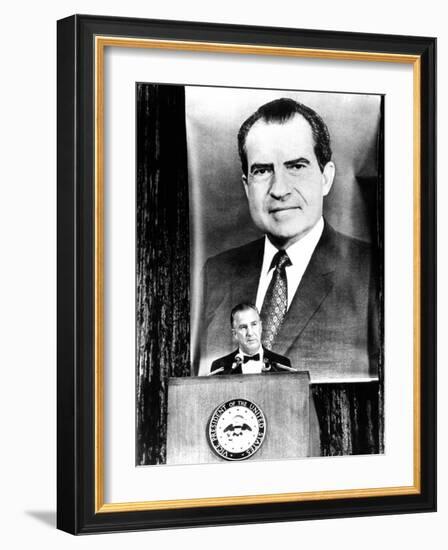 A Huge Portrait of President Nixon Dominates the Scene-null-Framed Photo