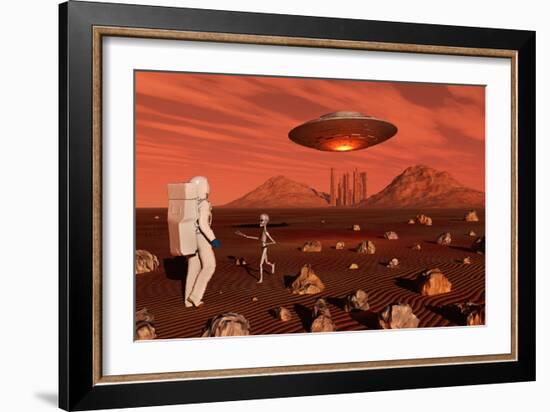 A Human Astronaut Making Contact with a Grey Alien on the Surface of Mars-null-Framed Art Print