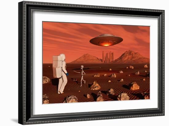 A Human Astronaut Making Contact with a Grey Alien on the Surface of Mars-null-Framed Art Print