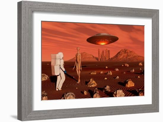 A Human Astronaut Making Contact with a Reptoid Alien on the Surface of Mars-null-Framed Art Print