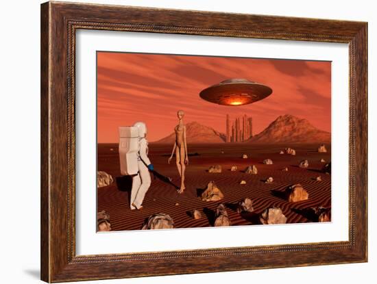 A Human Astronaut Making Contact with a Reptoid Alien on the Surface of Mars-null-Framed Art Print