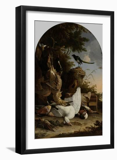 A Hunters Bag Near a Tree Stump with a Magpie, known as the Contemplative Magpie-Melchior d'Hondecoeter-Framed Art Print