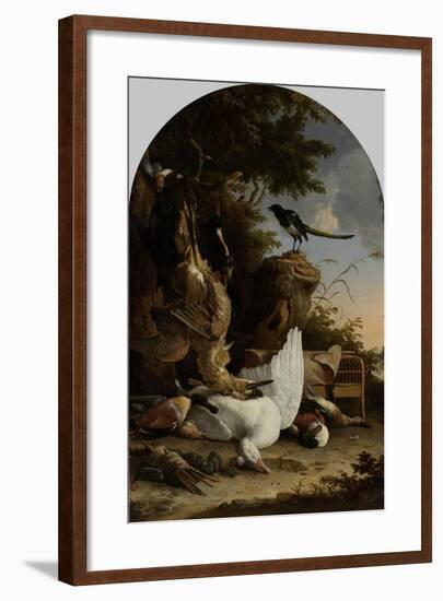 A Hunters Bag Near a Tree Stump with a Magpie, known as the Contemplative Magpie-Melchior d'Hondecoeter-Framed Art Print