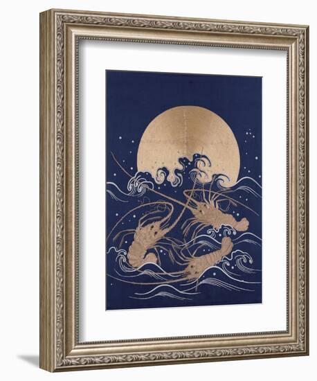 A Japanese Embroidered Textile Panel of Dark Blue Satin Depicting Three Crayfish Among Waves before-null-Framed Giclee Print