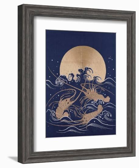 A Japanese Embroidered Textile Panel of Dark Blue Satin Depicting Three Crayfish Among Waves before-null-Framed Giclee Print