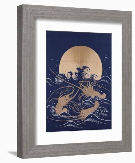 A Japanese Embroidered Textile Panel of Dark Blue Satin Depicting Three Crayfish Among Waves before-null-Framed Giclee Print