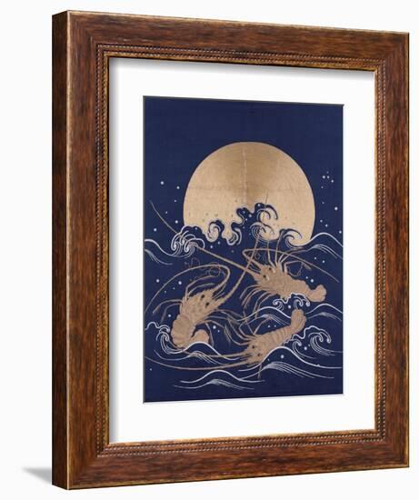 A Japanese Embroidered Textile Panel of Dark Blue Satin Depicting Three Crayfish Among Waves before-null-Framed Giclee Print