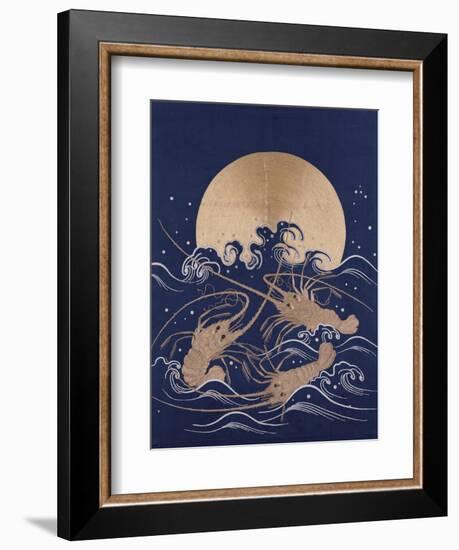 A Japanese Embroidered Textile Panel of Dark Blue Satin Depicting Three Crayfish Among Waves before-null-Framed Giclee Print