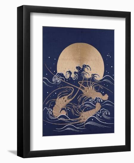 A Japanese Embroidered Textile Panel of Dark Blue Satin Depicting Three Crayfish Among Waves before-null-Framed Giclee Print