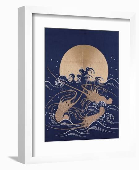 A Japanese Embroidered Textile Panel of Dark Blue Satin Depicting Three Crayfish Among Waves before-null-Framed Giclee Print