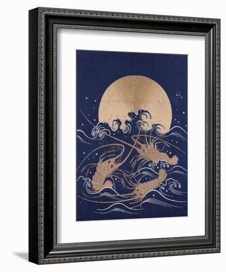 A Japanese Embroidered Textile Panel of Dark Blue Satin Depicting Three Crayfish Among Waves before-null-Framed Giclee Print