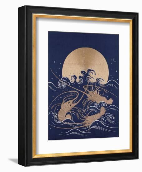 A Japanese Embroidered Textile Panel of Dark Blue Satin Depicting Three Crayfish Among Waves before-null-Framed Giclee Print