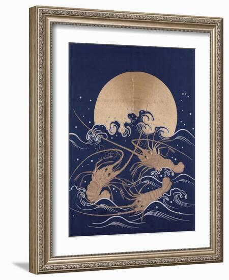 A Japanese Embroidered Textile Panel of Dark Blue Satin Depicting Three Crayfish Among Waves before-null-Framed Giclee Print