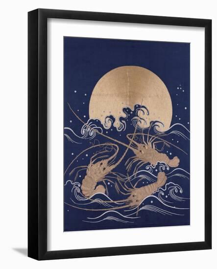 A Japanese Embroidered Textile Panel of Dark Blue Satin Depicting Three Crayfish Among Waves before-null-Framed Giclee Print