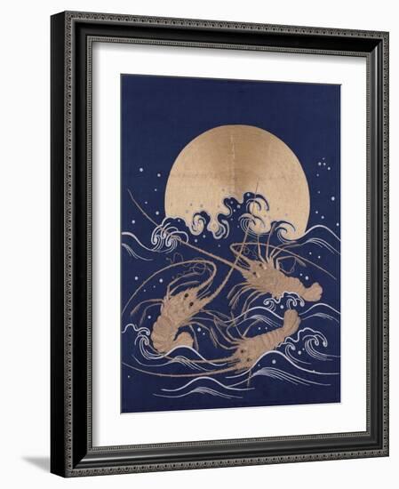 A Japanese Embroidered Textile Panel of Dark Blue Satin Depicting Three Crayfish Among Waves before-null-Framed Giclee Print