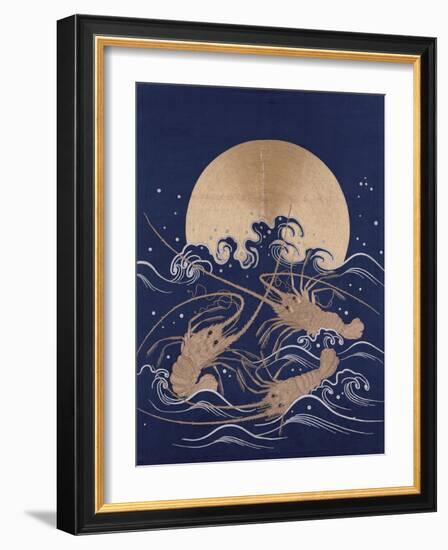 A Japanese Embroidered Textile Panel of Dark Blue Satin Depicting Three Crayfish Among Waves before-null-Framed Giclee Print