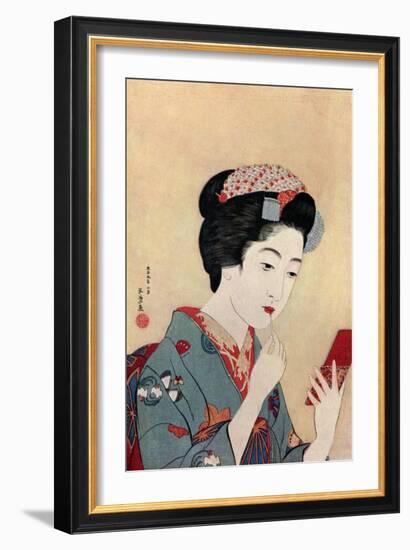 A Japanese woman using a beni brush to paint her lips, 1920 (1930).Artist: Hashiguchi Goyo-Hashiguchi Goyo-Framed Giclee Print