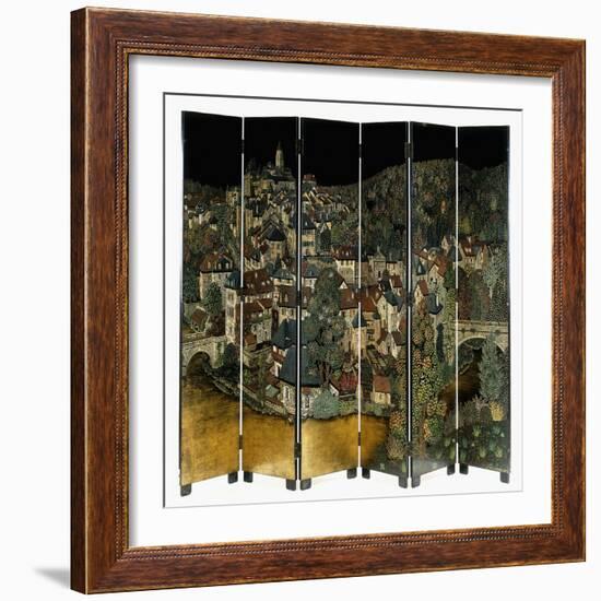 A Jean Dunand Six-Fold Lacquer Screen, Depicting a View of the Village Uzerches-Jean Dunand-Framed Giclee Print