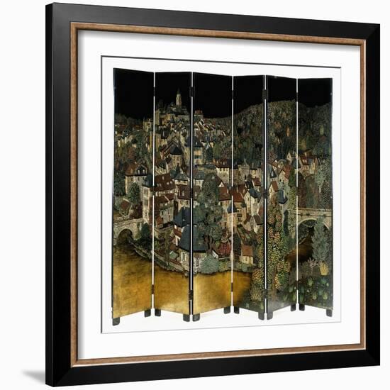 A Jean Dunand Six-Fold Lacquer Screen, Depicting a View of the Village Uzerches-Jean Dunand-Framed Giclee Print