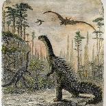 Dinosaurs of the Jurassic Period: a Stegosaurus with a Compsognathus in the Background-A. Jobin-Framed Stretched Canvas