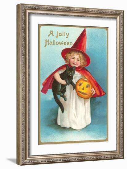 A Jolly Halloween, Little Girl Witch with Cat and Jack O'Lantern-null-Framed Art Print