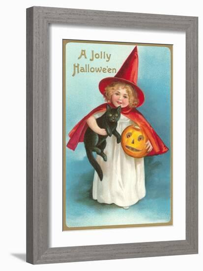 A Jolly Halloween, Little Girl Witch with Cat and Jack O'Lantern-null-Framed Art Print