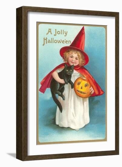 A Jolly Halloween, Little Girl Witch with Cat and Jack O'Lantern-null-Framed Art Print