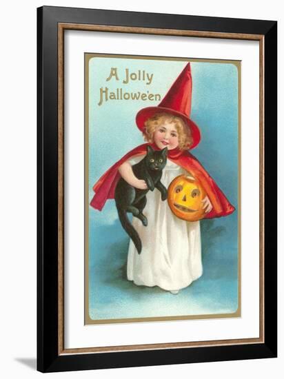 A Jolly Halloween, Little Girl Witch with Cat and Jack O'Lantern-null-Framed Art Print