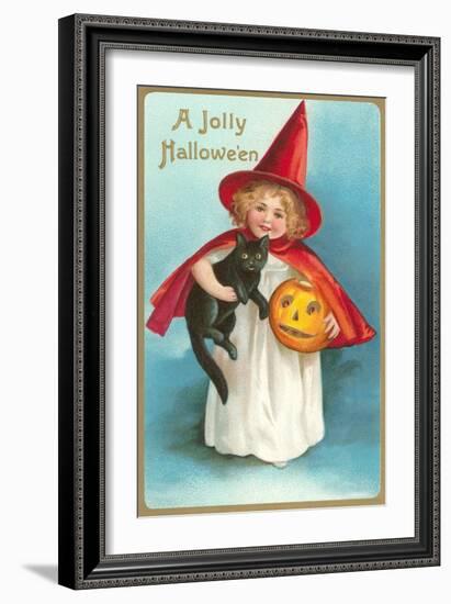 A Jolly Halloween, Little Girl Witch with Cat and Jack O'Lantern-null-Framed Art Print