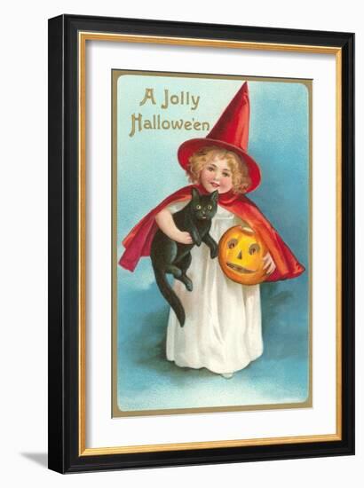 A Jolly Halloween, Little Girl Witch with Cat and Jack O'Lantern-null-Framed Art Print