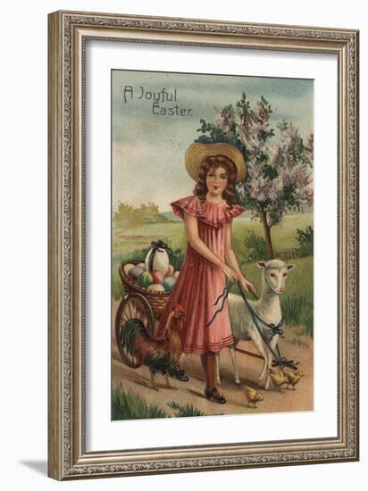 A Joyful Easter - Girl Walking Lamb, Chick, and Rooster-Lantern Press-Framed Art Print