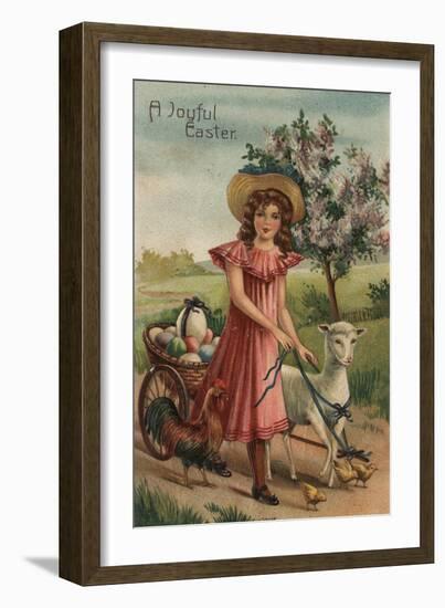 A Joyful Easter - Girl Walking Lamb, Chick, and Rooster-Lantern Press-Framed Art Print