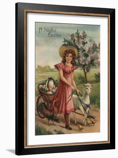 A Joyful Easter - Girl Walking Lamb, Chick, and Rooster-Lantern Press-Framed Art Print