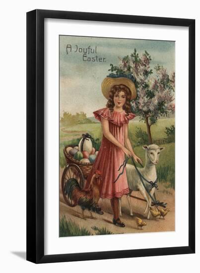 A Joyful Easter - Girl Walking Lamb, Chick, and Rooster-Lantern Press-Framed Art Print