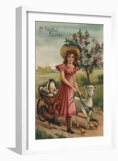 A Joyful Easter - Girl Walking Lamb, Chick, and Rooster-Lantern Press-Framed Art Print