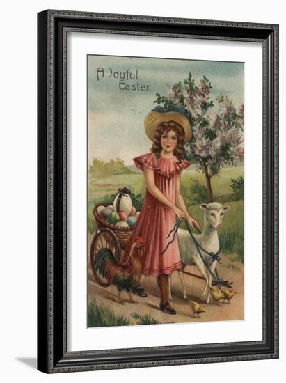 A Joyful Easter - Girl Walking Lamb, Chick, and Rooster-Lantern Press-Framed Art Print