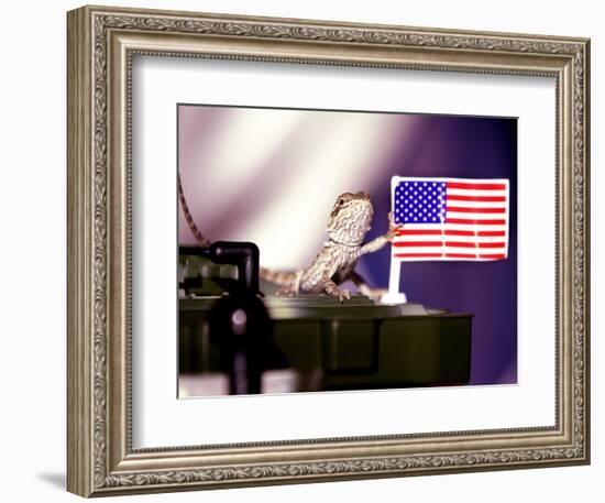 A Juvenile Bearded Dragon Places a Claw Upon an United States Flag-null-Framed Photographic Print