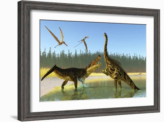 A Kaprosuchus Reptile Confronts an Agustinia Dinosaur-null-Framed Art Print