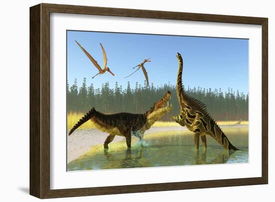 A Kaprosuchus Reptile Confronts an Agustinia Dinosaur-null-Framed Art Print