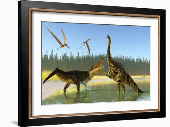 A Kaprosuchus Reptile Confronts an Agustinia Dinosaur-null-Framed Art Print