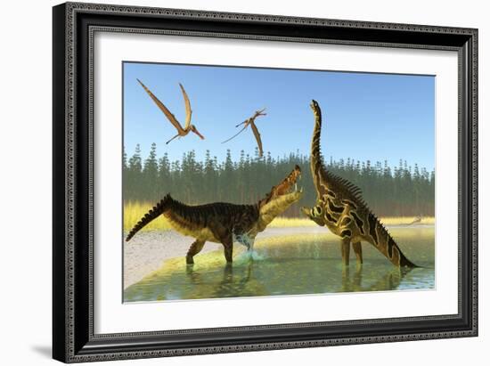 A Kaprosuchus Reptile Confronts an Agustinia Dinosaur-null-Framed Art Print