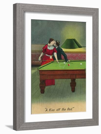 A Kiss off the Red, Couple Kissing Before Pool Shot-Lantern Press-Framed Art Print